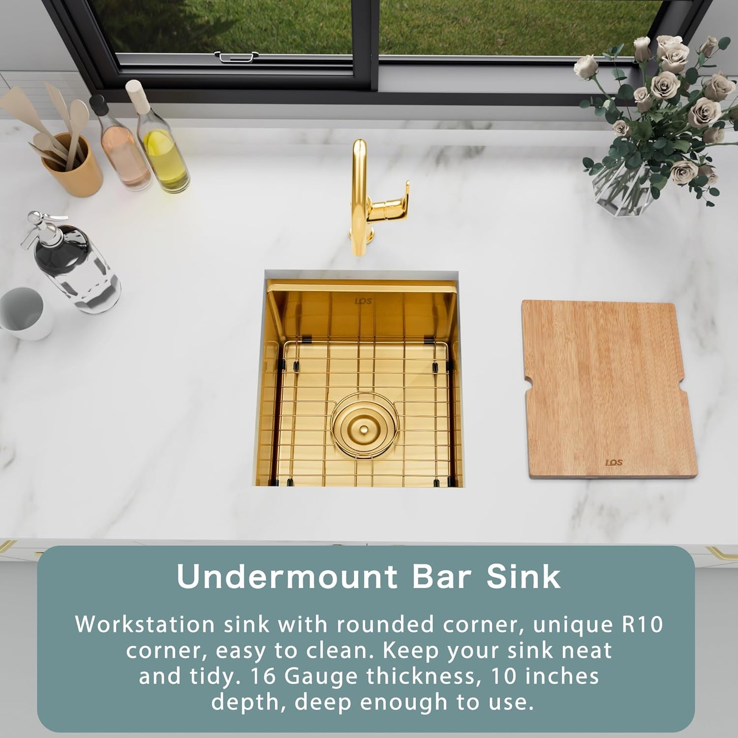 Gold Bar Sink Undermount, 15" X 17" Stainless Steel Bar Prep RV Sink, 16 Gauge Workstation Sinks, Small Single Bowl Kitchen Sinks with Cutting Board and Accessories