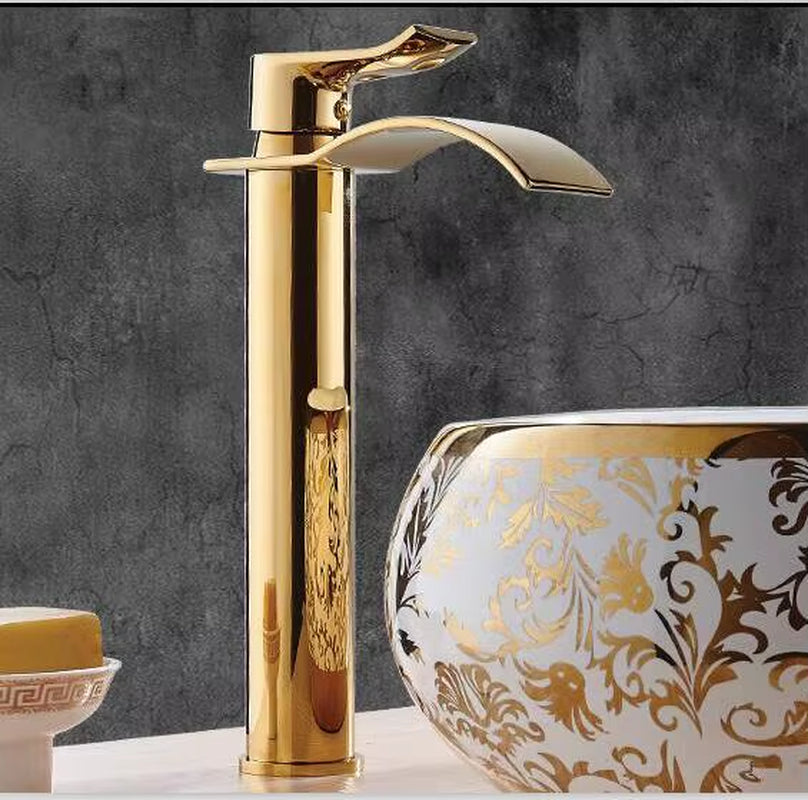 Basin Faucet Gold and White Waterfall Faucet Brass Bathroom Faucet Bathroom Basin Faucet Mixer Tap Hot and Cold Sink Faucet