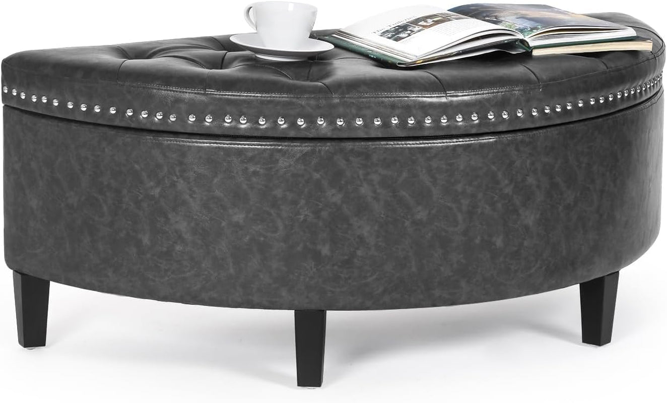 43" Half Moon Storage Ottoman Bench, Lift Top Faux Leather Storage Ottoman Bench for Bedroom Living Room (Gray)