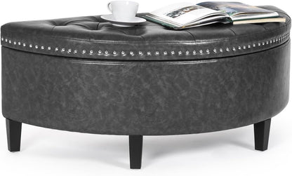 43" Half Moon Storage Ottoman Bench, Lift Top Faux Leather Storage Ottoman Bench for Bedroom Living Room (Gray)