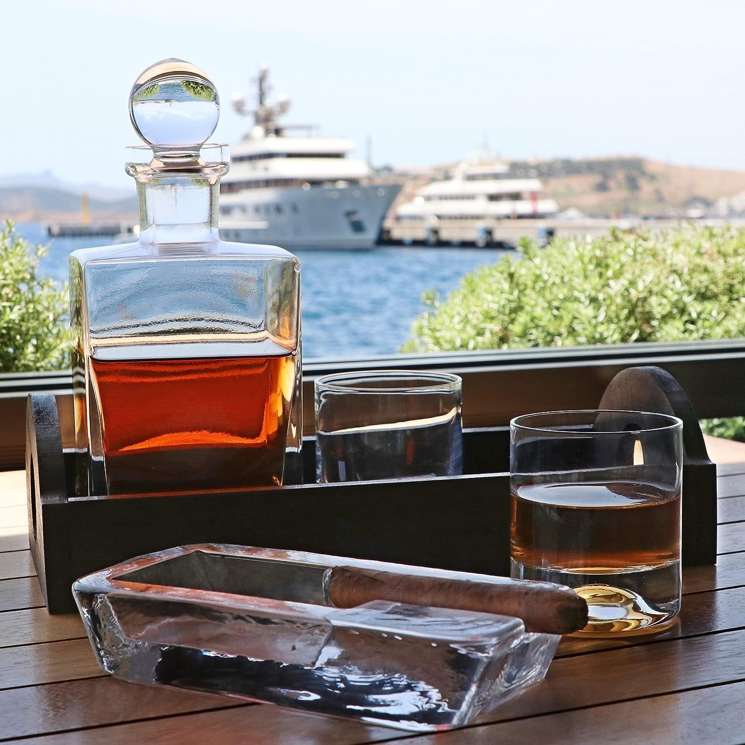 Large Heavy Glass Cigar Ashtray for Men, Outdoor Ash Tray for Patio, Cigar Lovers Gift Set for Smokers Mens (Rectangular Large)