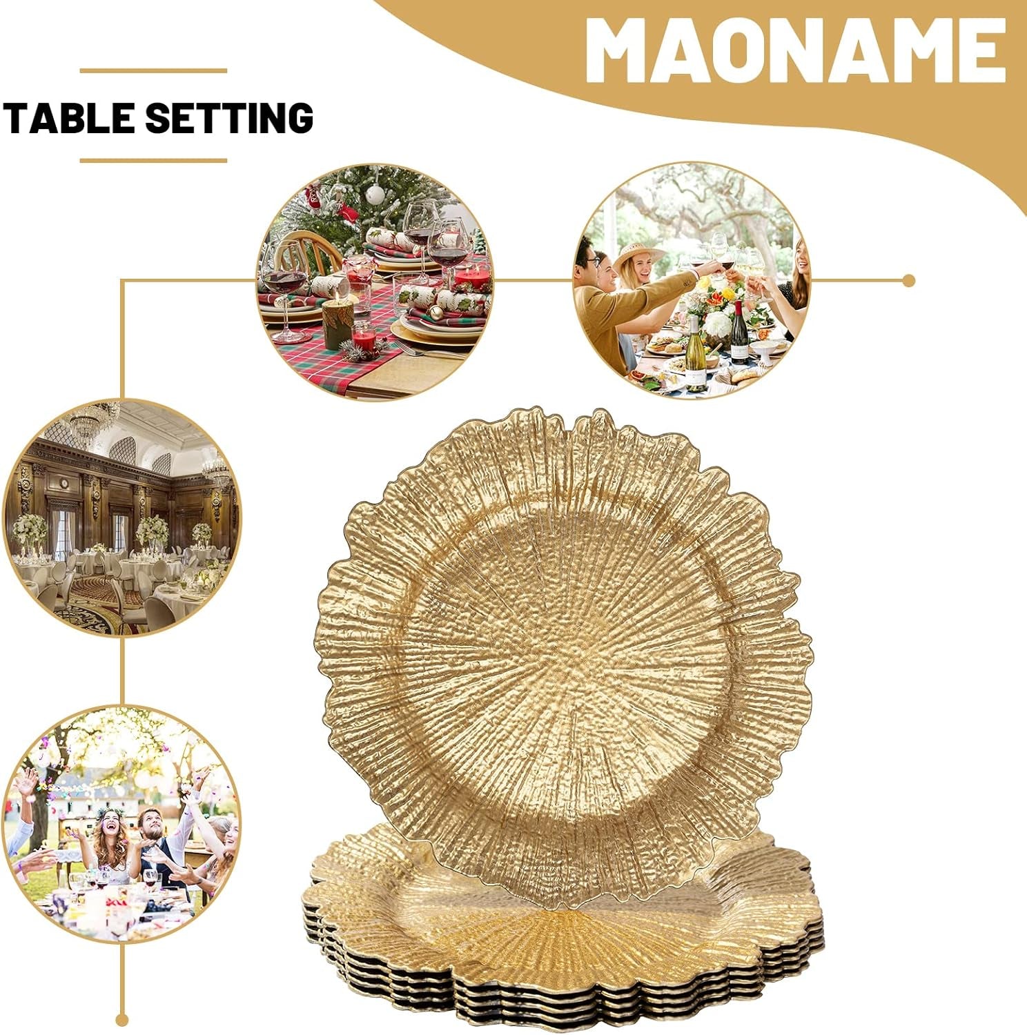round 13" Gold Charger Plates, Set of 6, Reef Plate Chargers for Dinner Plates, Plastic Table Chargers for Wedding, Thanksgiving, Christmas