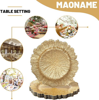 round 13" Gold Charger Plates, Set of 6, Reef Plate Chargers for Dinner Plates, Plastic Table Chargers for Wedding, Thanksgiving, Christmas