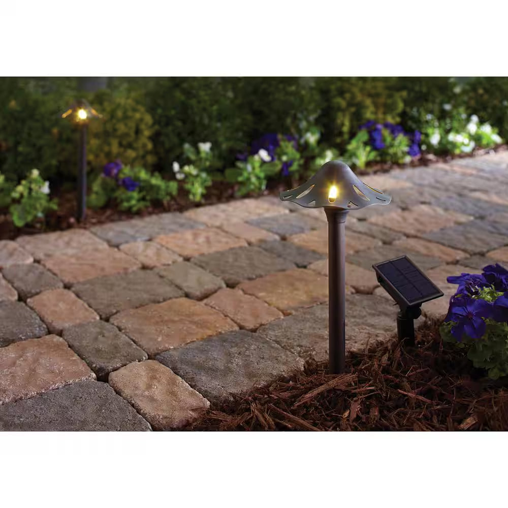 Solar Oil Rubbed Bronze Outdoor Integrated LED Mushroom Landscape Path Light with Remote Solar Panel (2-Pack)