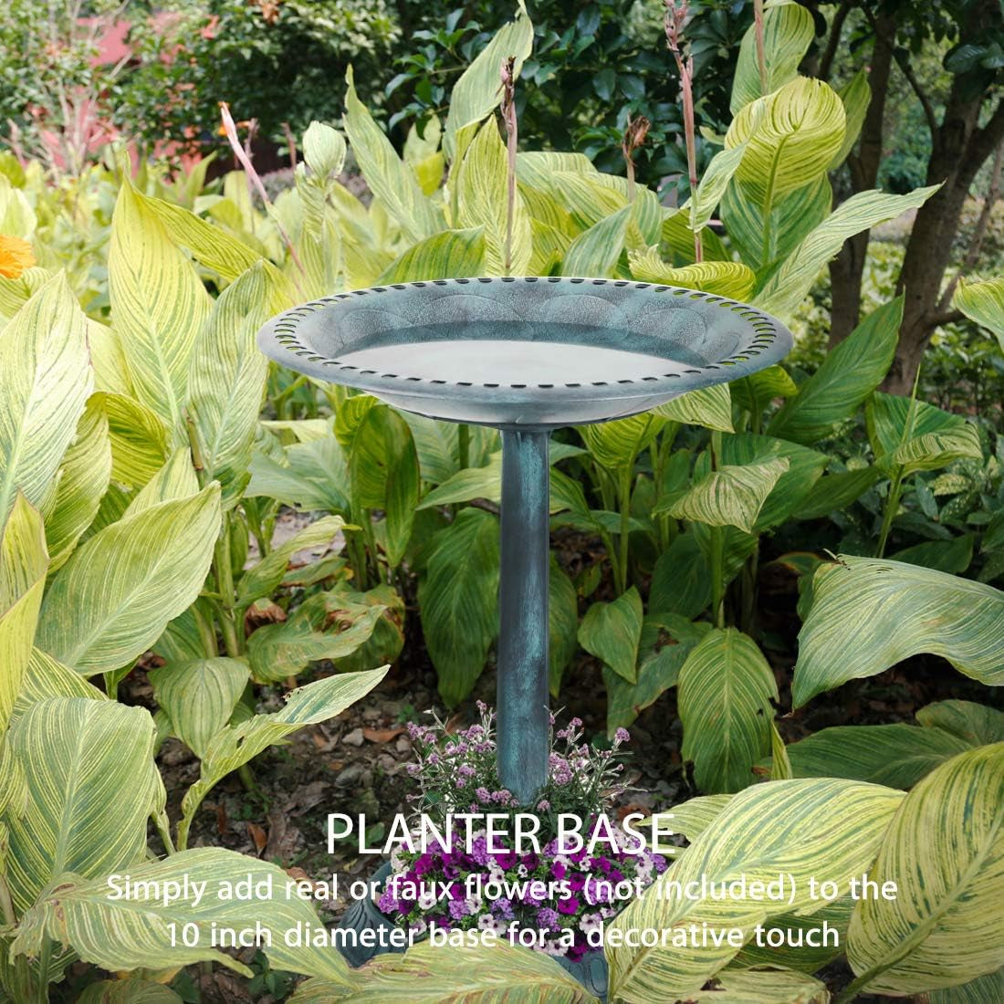 28 Inch Height Polyresin Lightweight Antique Outdoor Garden Bird Bath with Flower Planter Base Green