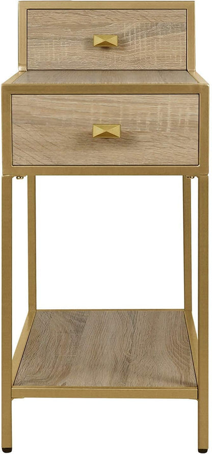 Farmhouse End Table, Gold, 25X12X27 Inches, Metal Top & Frame, Drawer, Indoor Use