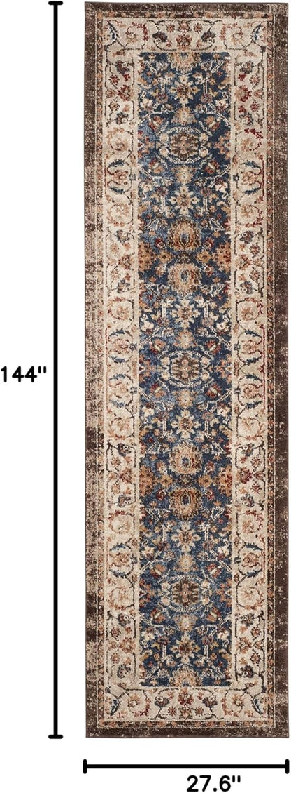 Bijar Collection 2'3" X 12' Royal / Ivory BIJ650B Traditional Oriental Distressed Non-Shedding Living Room Bedroom Runner Rug
