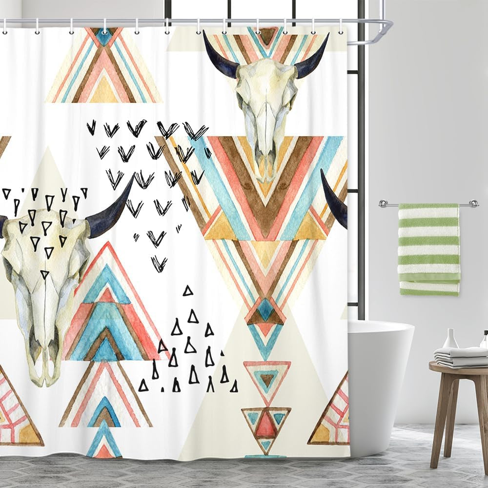 Western Boho Shower Curtain Native Aztec Tribal Bull Skull Southwestern Cow Bohemian Geometric Pattern West Bathroom Decor Aztec Shower Curtain with Hooks (69X70)