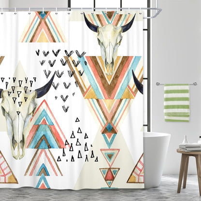 Western Boho Shower Curtain Native Aztec Tribal Bull Skull Southwestern Cow Bohemian Geometric Pattern West Bathroom Decor Aztec Shower Curtain with Hooks (69X70)