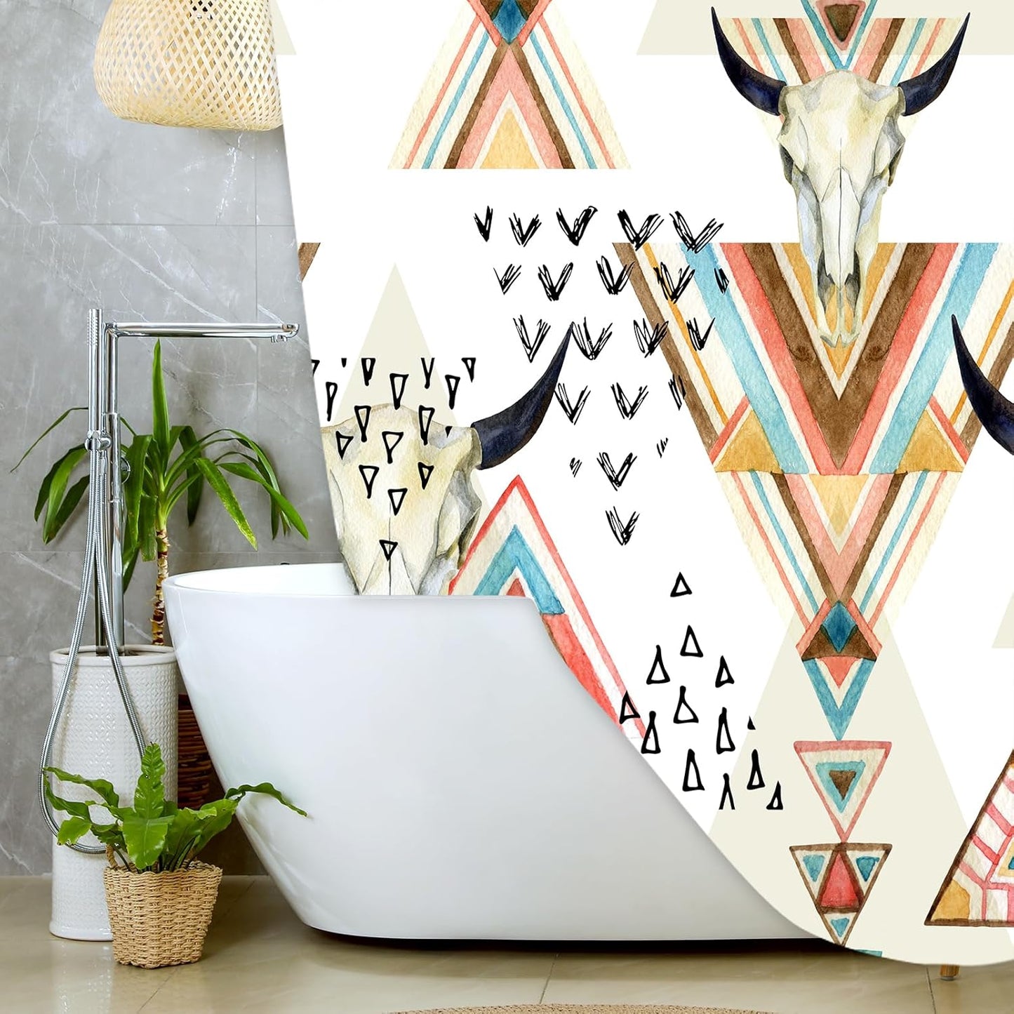 Western Boho Shower Curtain Native Aztec Tribal Bull Skull Southwestern Cow Bohemian Geometric Pattern West Bathroom Decor Aztec Shower Curtain with Hooks (69X70)