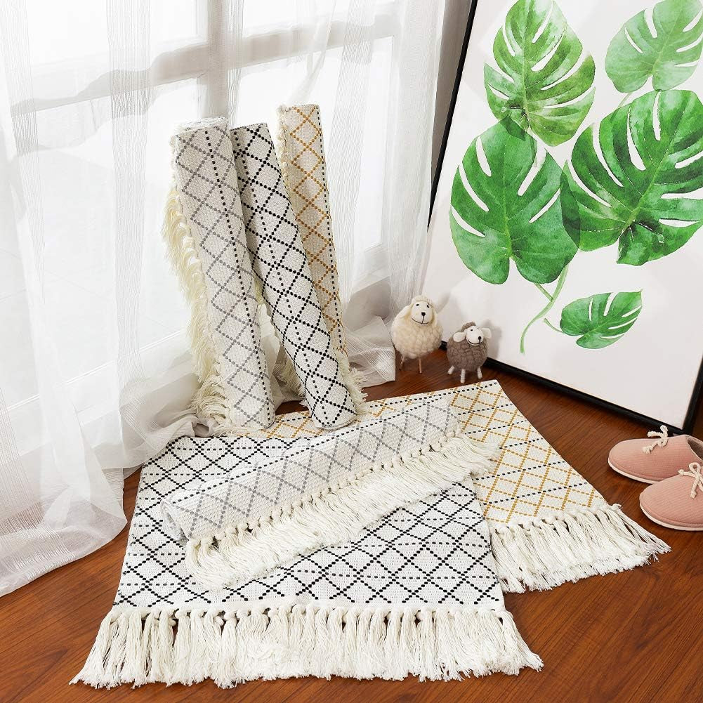 Boho Bathroom Rug, Boho Rug Kitchen Runner Washable Bath Rug, Woven Small Cotton Bohemian Tribal Farmhouse Tassel Moroccan Boho Bath Mat for Bedroom Hallway 2'X4.3'