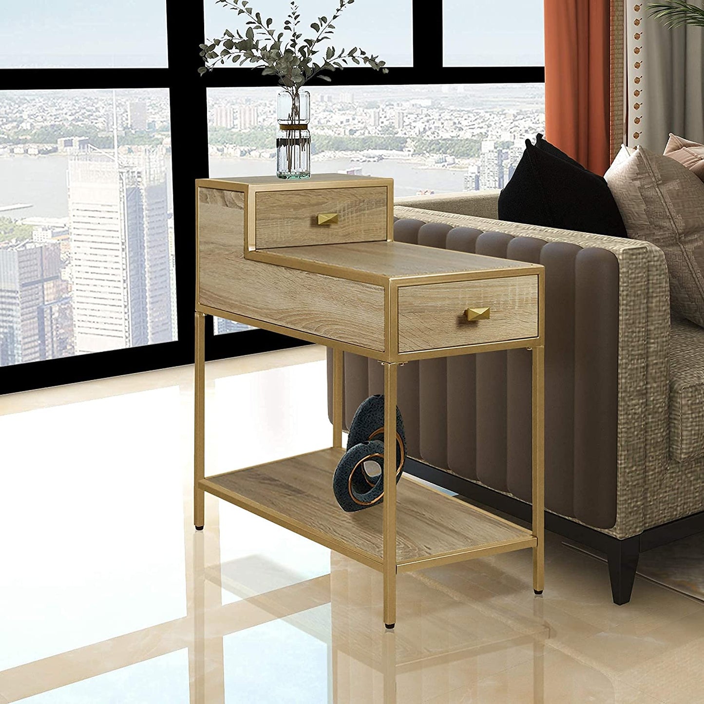 Farmhouse End Table, Gold, 25X12X27 Inches, Metal Top & Frame, Drawer, Indoor Use