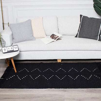 Boho Rug, Boho Kitchen Rug Runner Washable, Boho Bathroom Rug Woven Small Cotton Bohemian Tribal Farmhouse Tassels Bedroom Hallway Moroccan Bath Mat 3'X5', Black