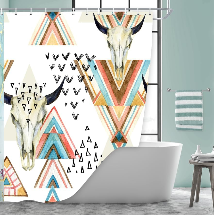 Western Boho Shower Curtain Native Aztec Tribal Bull Skull Southwestern Cow Bohemian Geometric Pattern West Bathroom Decor Aztec Shower Curtain with Hooks (69X70)