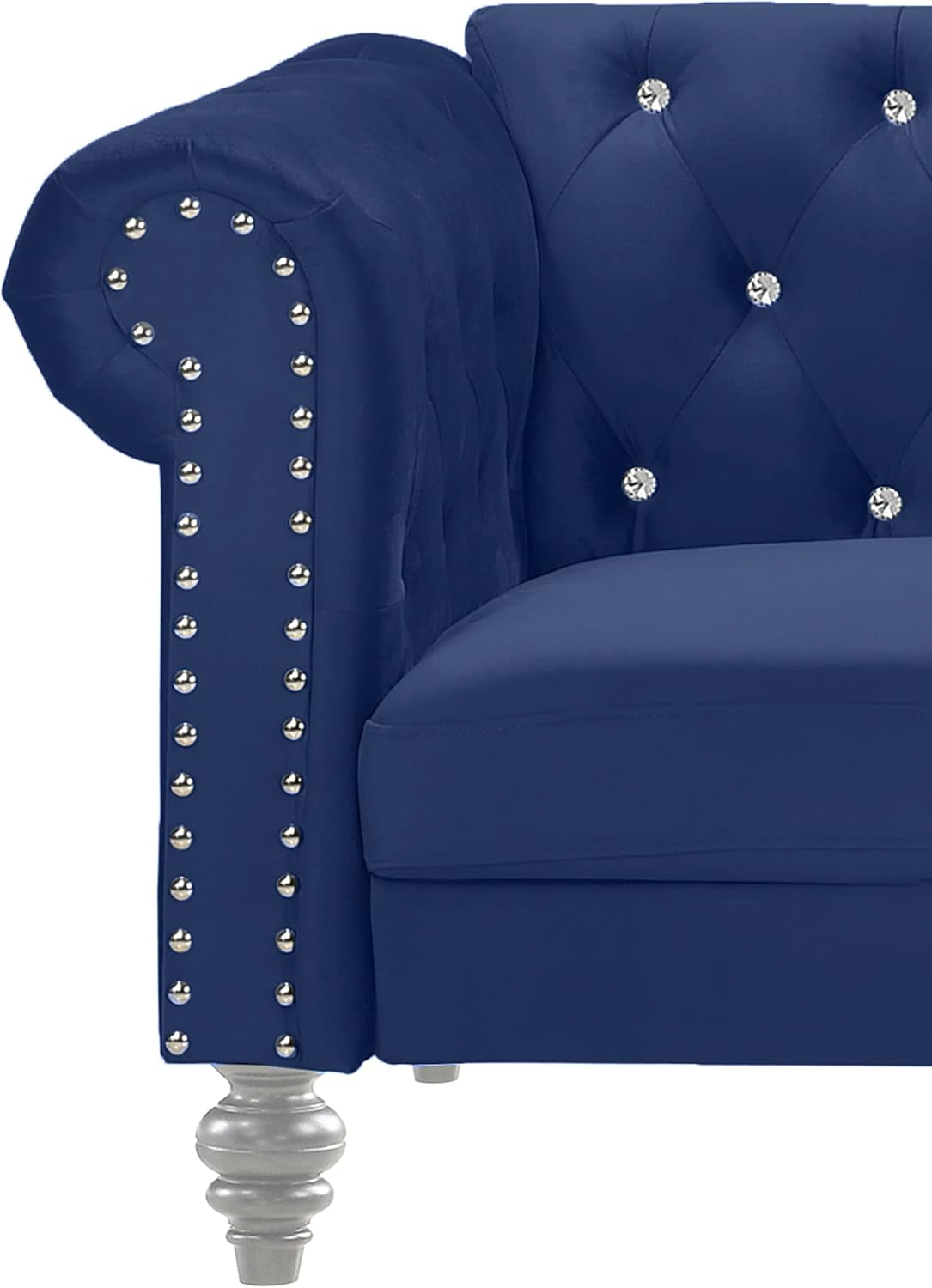 Glam Emma Velvet Three Seater Chesterfield Style Sofa for Small Spaces with Crystal Button Tufts, Royal Blue