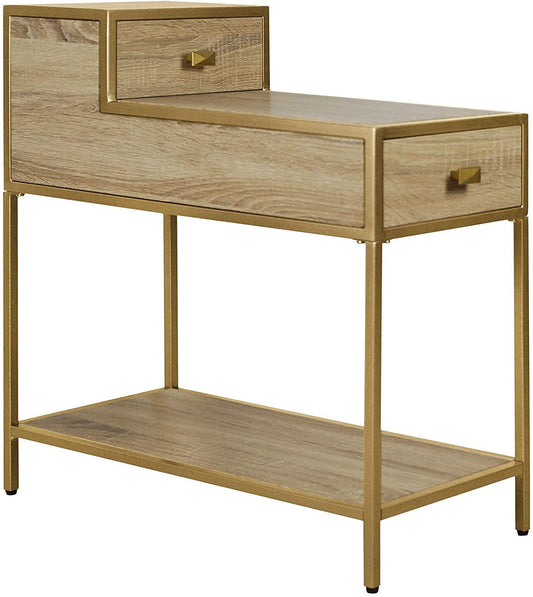 Farmhouse End Table, Gold, 25X12X27 Inches, Metal Top & Frame, Drawer, Indoor Use