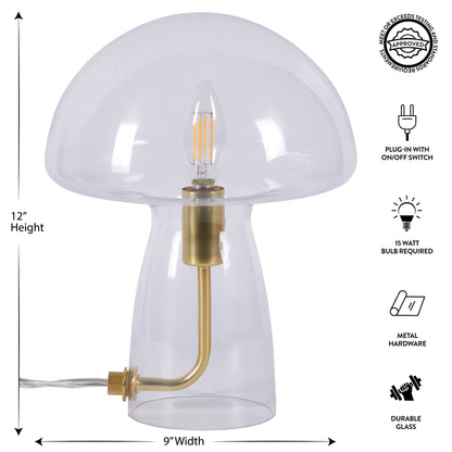 Novelty Glass Mushroom Lamp, Clear, 12" H, Plug-In