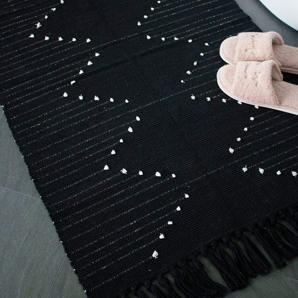 Boho Rug, Boho Kitchen Rug Runner Washable, Boho Bathroom Rug Woven Small Cotton Bohemian Tribal Farmhouse Tassels Bedroom Hallway Moroccan Bath Mat 3'X5', Black