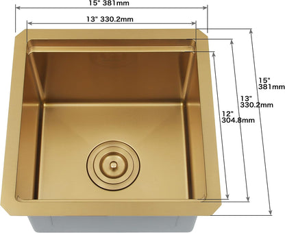Gold Bar Sink,15 Inch Undermount Bar Sinks, 15" X 15" X 10" Small and Deep Single Bowl Kitchen Sink for Bars and RV, 16 Gauge Stainless Steel Workstation Kitchens Sinks with Gold Accessories