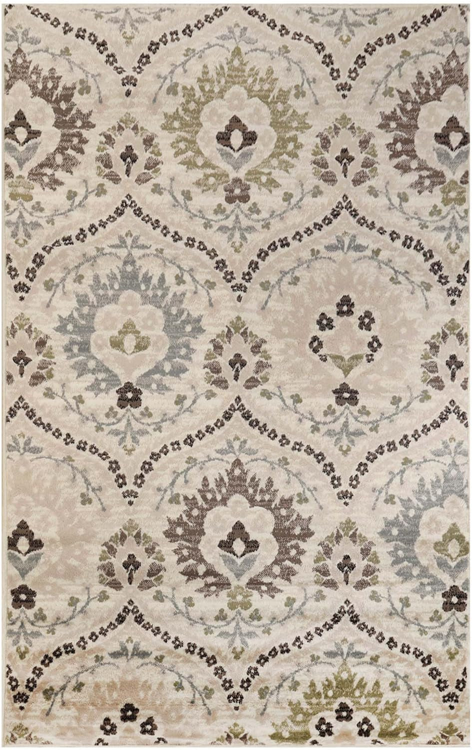 Indoor Area Rug, Jute Backed, Modern Oriental Floral Damask Floor Decor for Office, Living Room, Bedroom, Entryway, Dining/Kitchen, Hardwood, Augusta Collection, 8' X 10', Beige-Brown