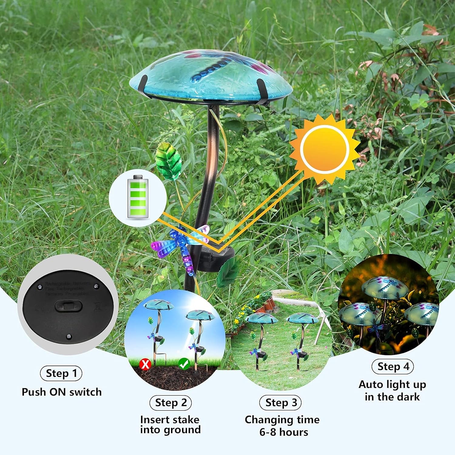 Glass Mushroom Shape with Dragonfly Pattern  - Waterproof Upgraded Outdoor Ground Landscape 