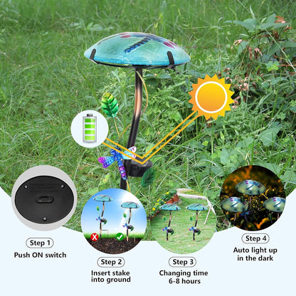 Glass Mushroom Shape with Dragonfly Pattern  - Waterproof Upgraded Outdoor Ground Landscape 
