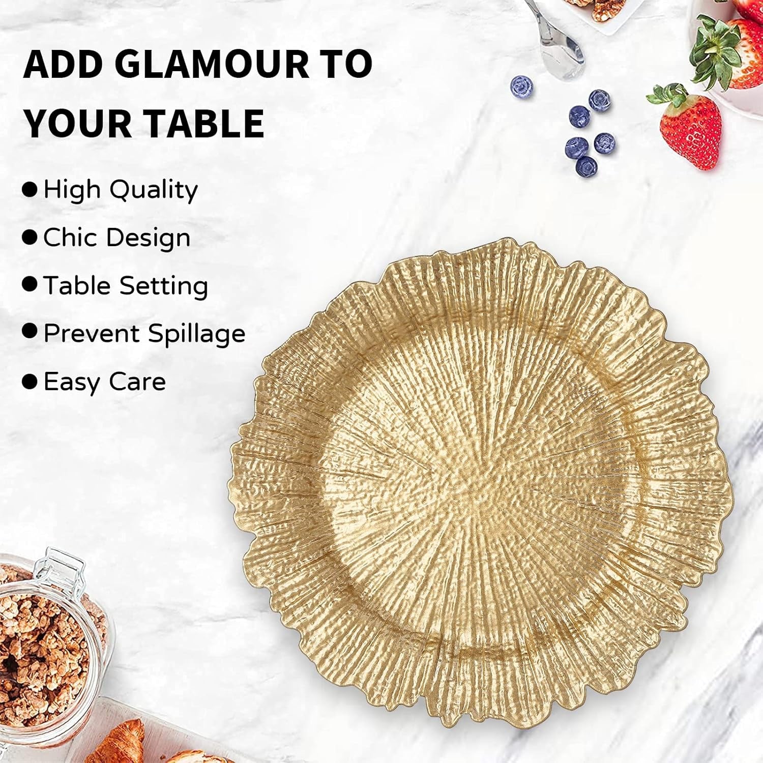 round 13" Gold Charger Plates, Set of 6, Reef Plate Chargers for Dinner Plates, Plastic Table Chargers for Wedding, Thanksgiving, Christmas