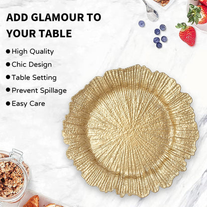 round 13" Gold Charger Plates, Set of 6, Reef Plate Chargers for Dinner Plates, Plastic Table Chargers for Wedding, Thanksgiving, Christmas