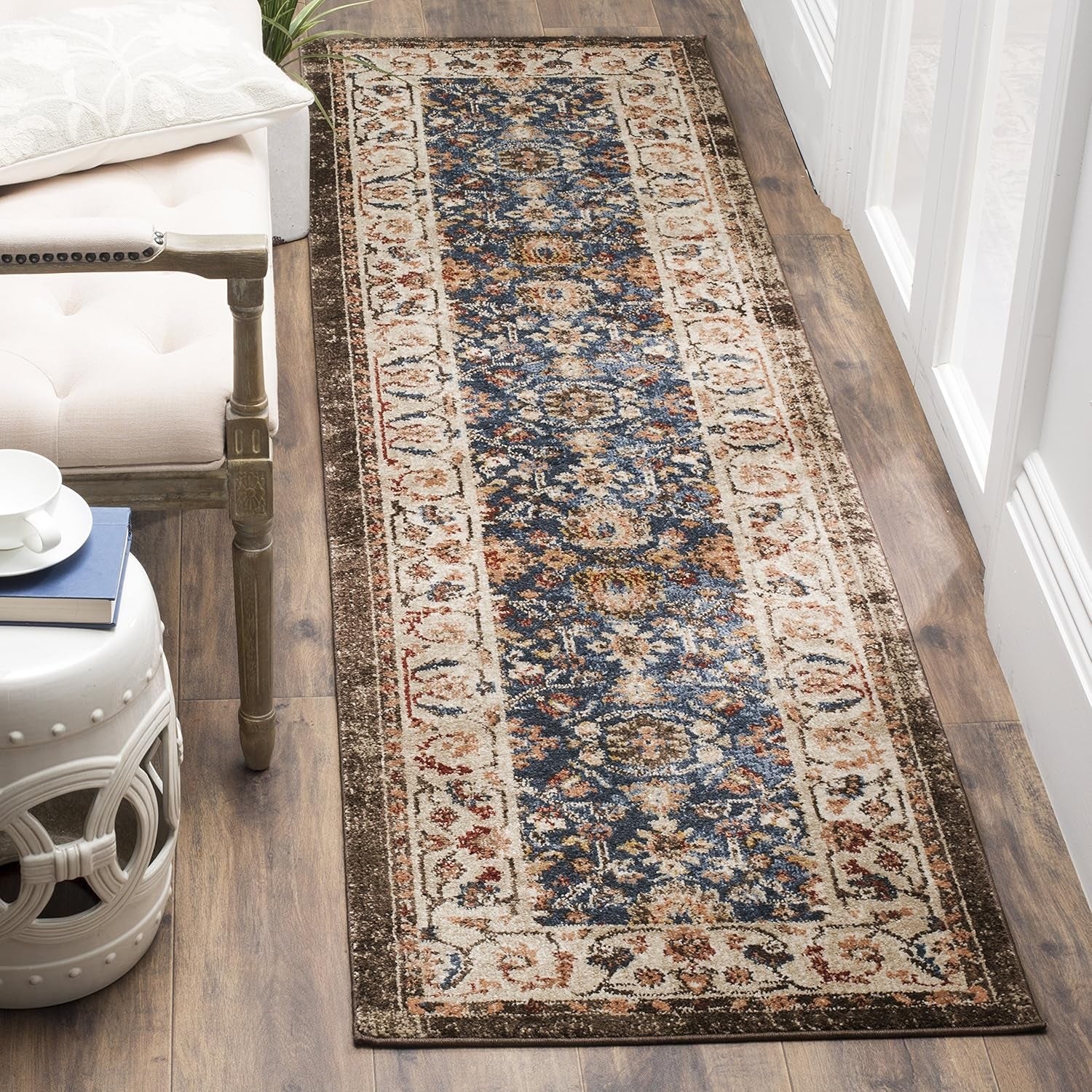 Bijar Collection 2'3" X 12' Royal / Ivory BIJ650B Traditional Oriental Distressed Non-Shedding Living Room Bedroom Runner Rug