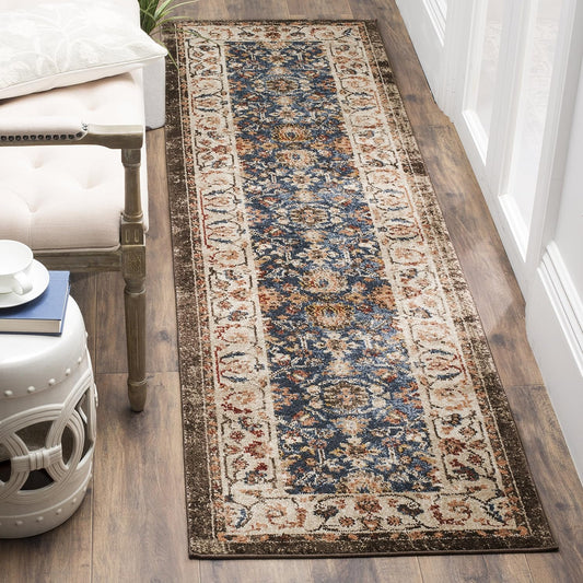 Bijar Collection 2'3" X 12' Royal / Ivory BIJ650B Traditional Oriental Distressed Non-Shedding Living Room Bedroom Runner Rug