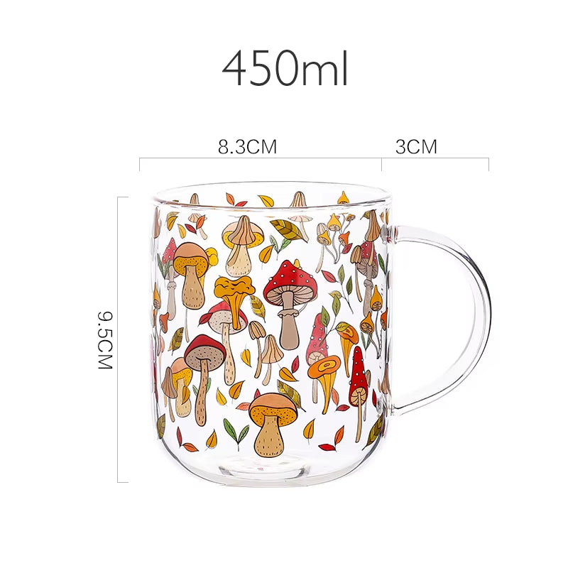 Jinyoujia-Heat-Resistant Glass Mug with Handle, Breakfast Milk Cup, Cute Office Home Coffee Mugs, Mushroom, Pumpkin Pattern