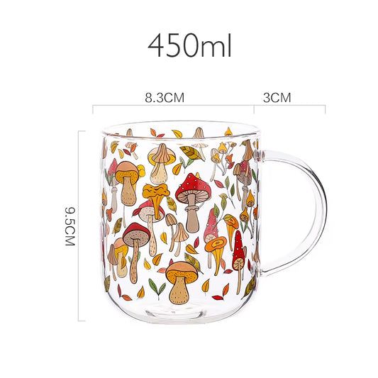 Jinyoujia-Heat-Resistant Glass Mug with Handle, Breakfast Milk Cup, Cute Office Home Coffee Mugs, Mushroom, Pumpkin Pattern