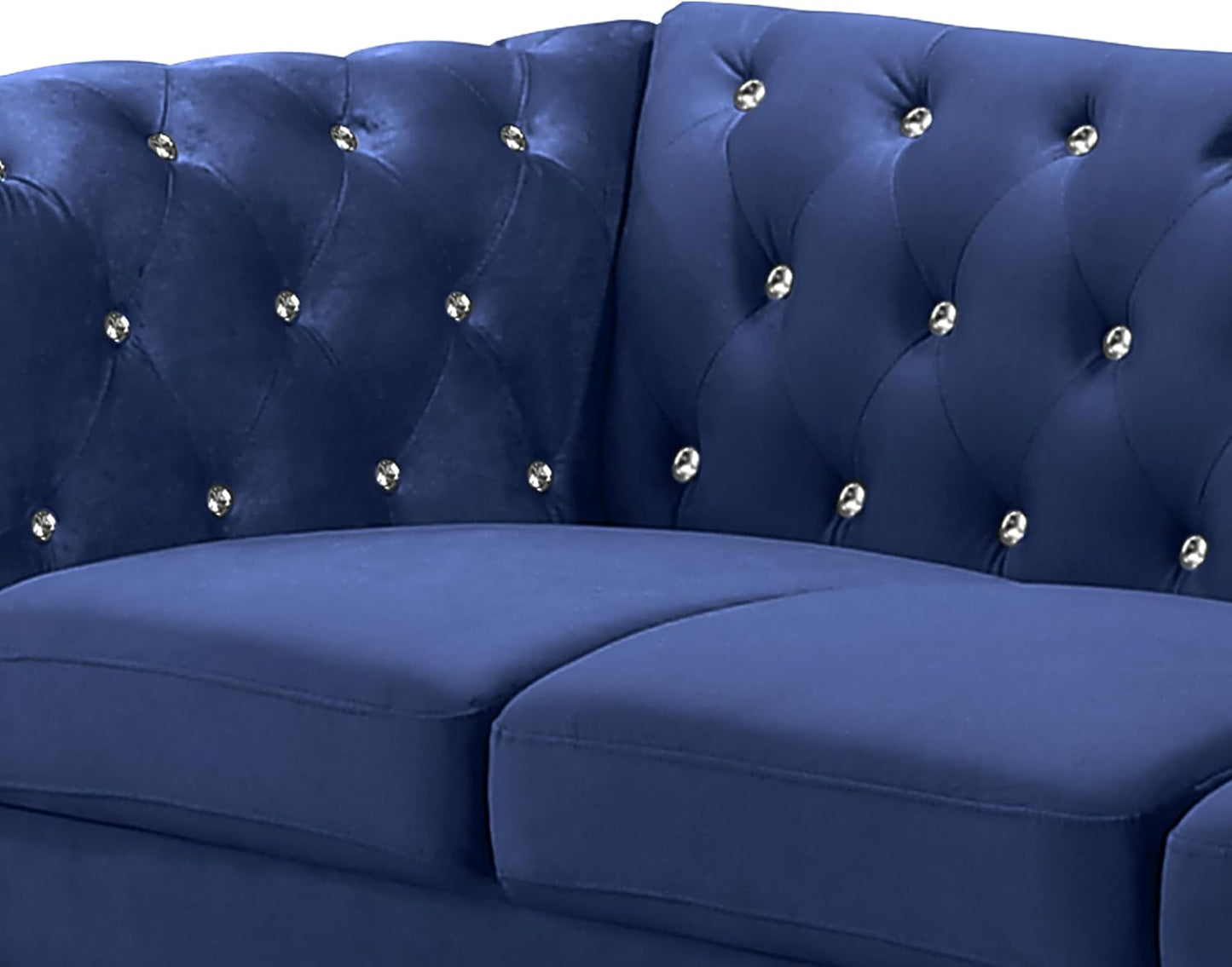 Glam Emma Velvet Three Seater Chesterfield Style Sofa for Small Spaces with Crystal Button Tufts, Royal Blue