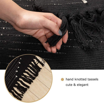 Boho Rug, Boho Kitchen Rug Runner Washable, Boho Bathroom Rug Woven Small Cotton Bohemian Tribal Farmhouse Tassels Bedroom Hallway Moroccan Bath Mat 3'X5', Black