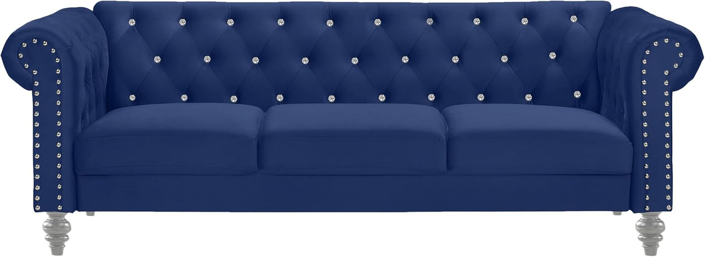 Glam Emma Velvet Three Seater Chesterfield Style Sofa for Small Spaces with Crystal Button Tufts, Royal Blue
