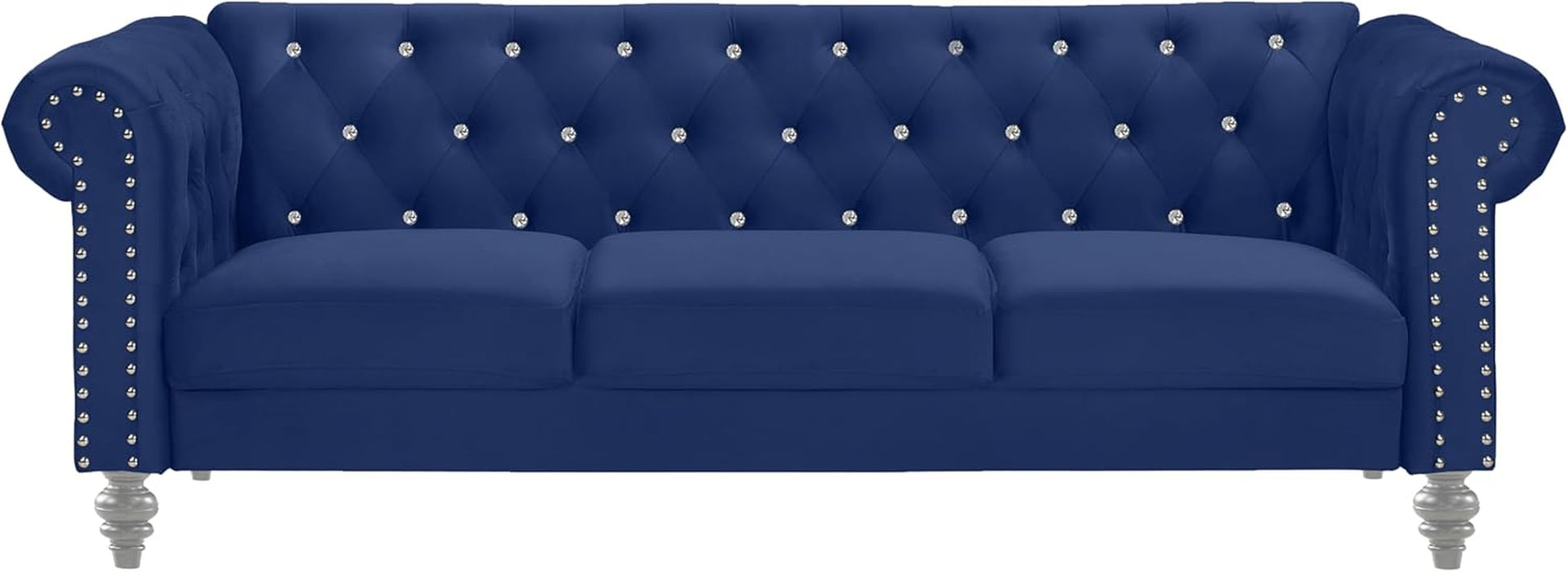 Glam Emma Velvet Three Seater Chesterfield Style Sofa for Small Spaces with Crystal Button Tufts, Royal Blue