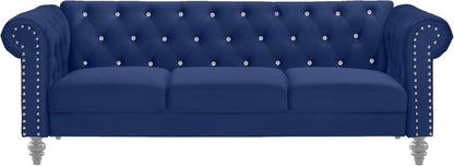 Glam Emma Velvet Three Seater Chesterfield Style Sofa for Small Spaces with Crystal Button Tufts, Royal Blue