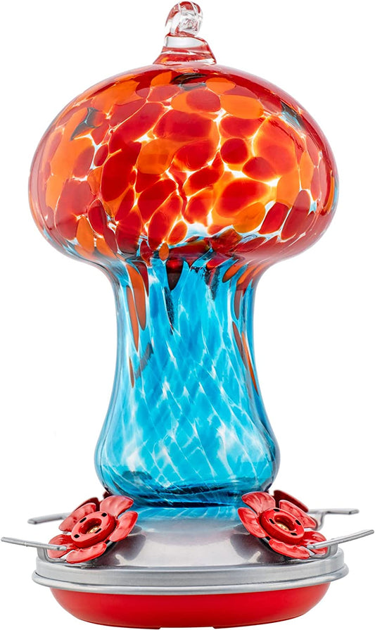 Mushroom Hummingbird Feeders for Outdoors, 28OZ Hand Blown Glass Hummingbird Feeder for Outside