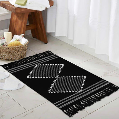 Boho Bathroom Rug 2'X3', Machine Washable Cotton Woven Area Rug with Geometric Tassels Decorative Indoor/Outdoor Mat Farmhouse Rug for Kitchen Laundry Living Room Bedroom(Black)