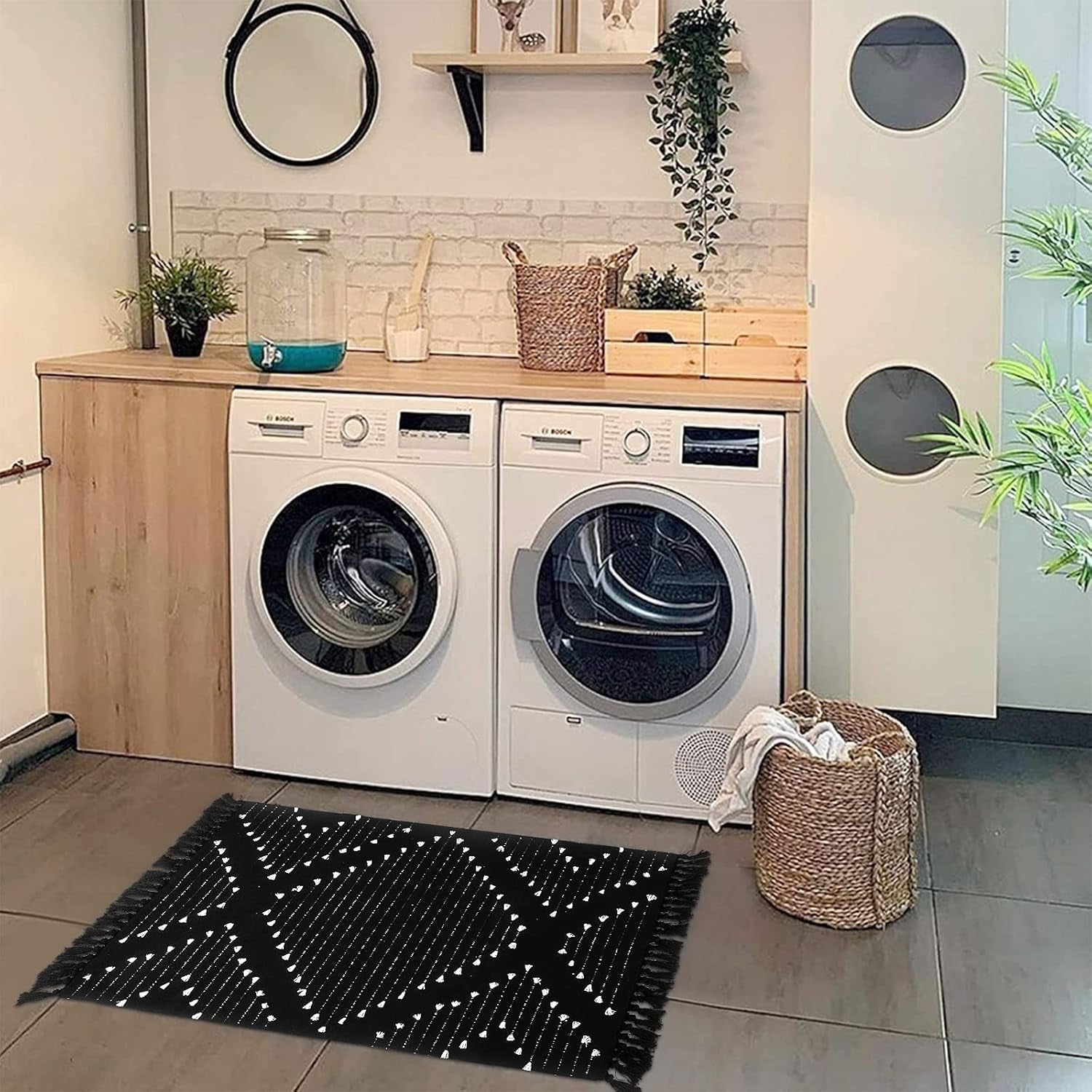 Boho Bathroom Rug 2 X 3Ft, Indoor Accent Rug with Tassel, Machine Washable Cotton Hand-Woven Area Rug Farmhouse Throw Rug Indoor/Outdoor Floor Mat for Kitchen/Living Room/Bedroom/Doorway