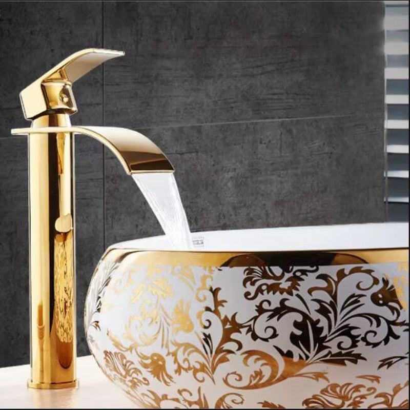 Basin Faucet Gold and White Waterfall Faucet Brass Bathroom Faucet Bathroom Basin Faucet Mixer Tap Hot and Cold Sink Faucet