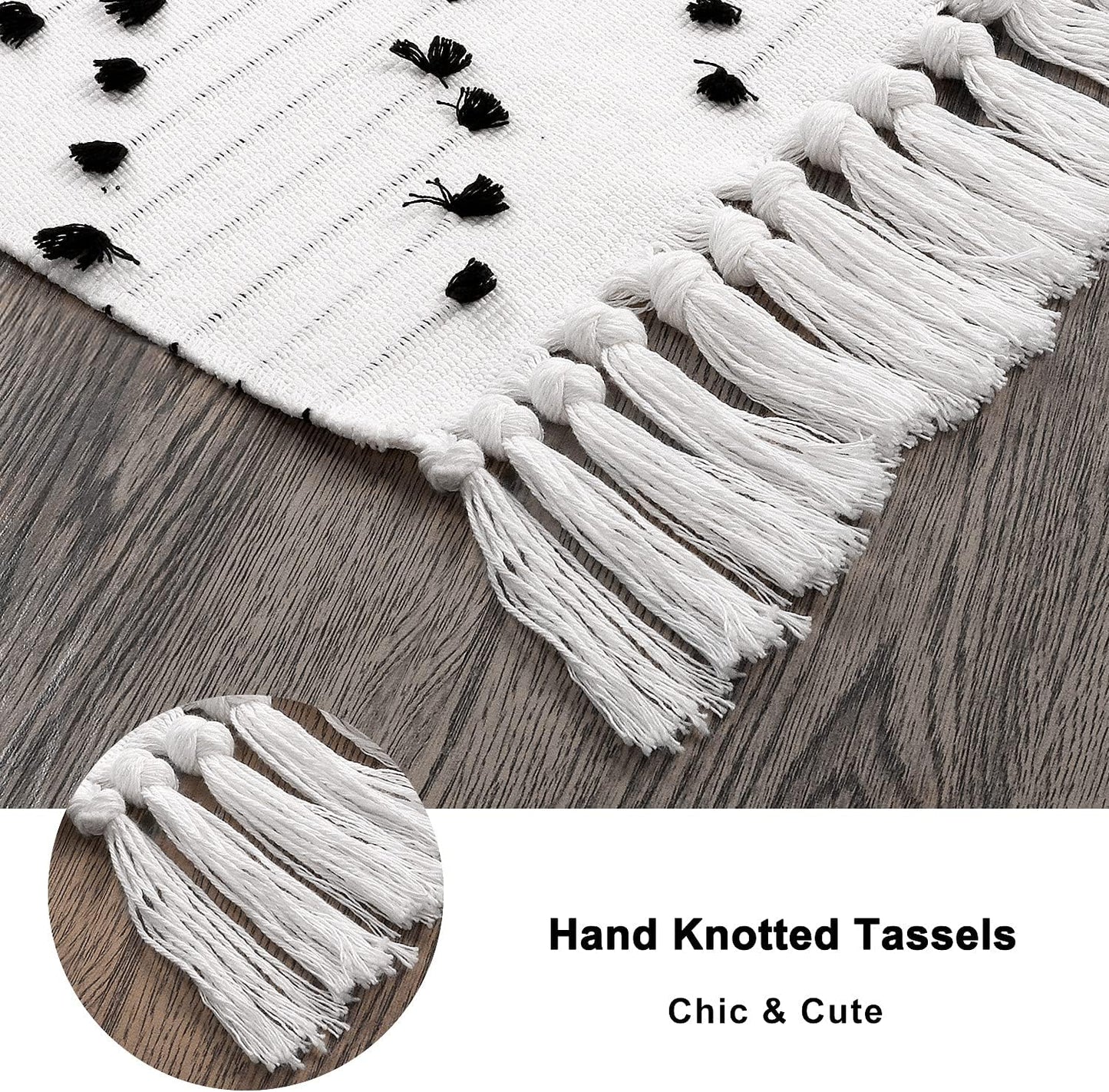 Boho Bathroom Rug 2'X 3' , Cotton Woven Washable Small Area Rugs with Tassels,Black and White Kitchen Rug Moroccan Tribal Throw Carpet Bath Mat Front Door for Living Room Kitchen Bedroom