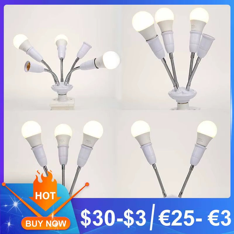 E27 Splitter 2/3/4/5 Heads Lamp Base Adjustable LED Light Bulb Holder Adapter Converter Socket 