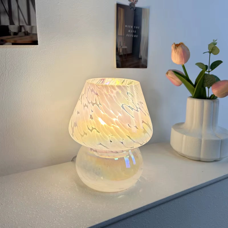 Colorful Flower Dot Glass Mushroom Lamp, American Retro Decorative Desk Lamp