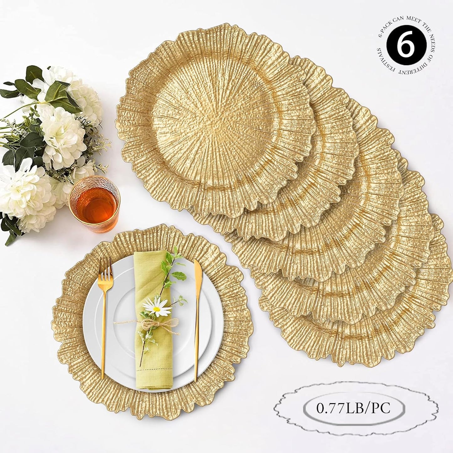 round 13" Gold Charger Plates, Set of 6, Reef Plate Chargers for Dinner Plates, Plastic Table Chargers for Wedding, Thanksgiving, Christmas