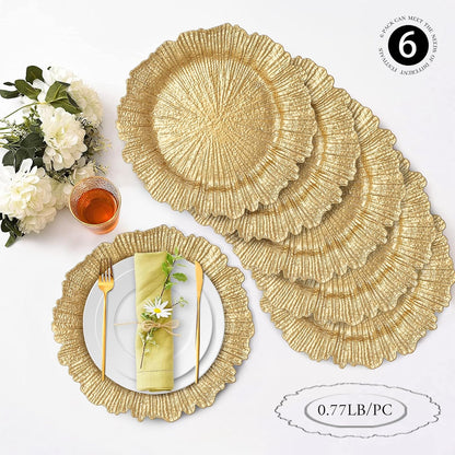 round 13" Gold Charger Plates, Set of 6, Reef Plate Chargers for Dinner Plates, Plastic Table Chargers for Wedding, Thanksgiving, Christmas