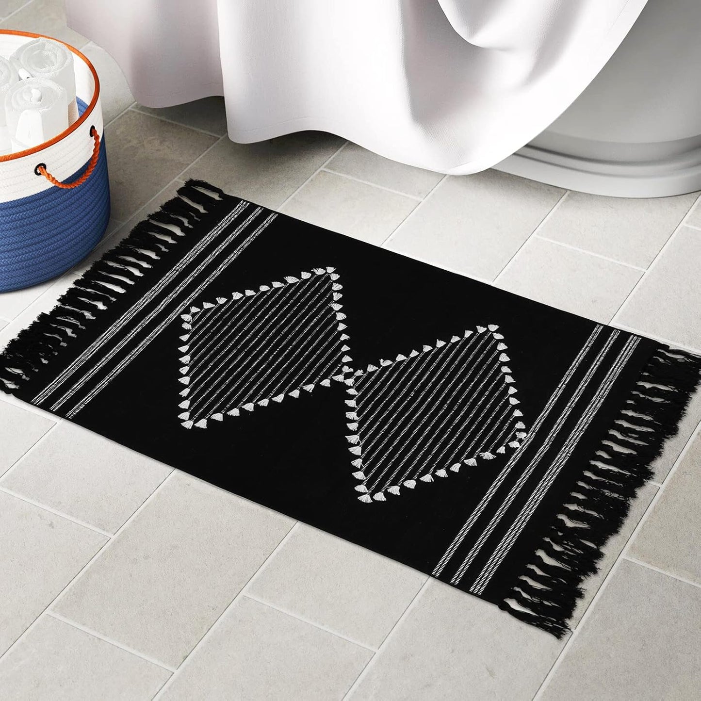 Boho Bathroom Rug 2'X3', Machine Washable Cotton Woven Area Rug with Geometric Tassels Decorative Indoor/Outdoor Mat Farmhouse Rug for Kitchen Laundry Living Room Bedroom(Black)