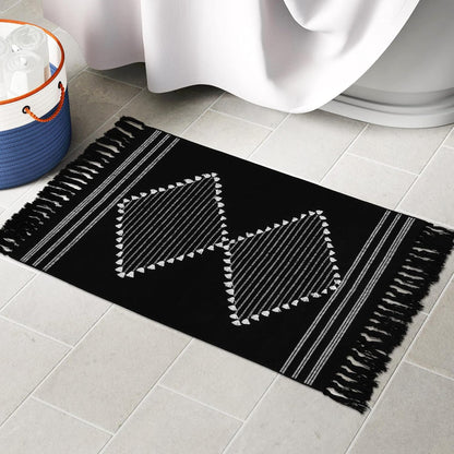 Boho Bathroom Rug 2'X3', Machine Washable Cotton Woven Area Rug with Geometric Tassels Decorative Indoor/Outdoor Mat Farmhouse Rug for Kitchen Laundry Living Room Bedroom(Black)