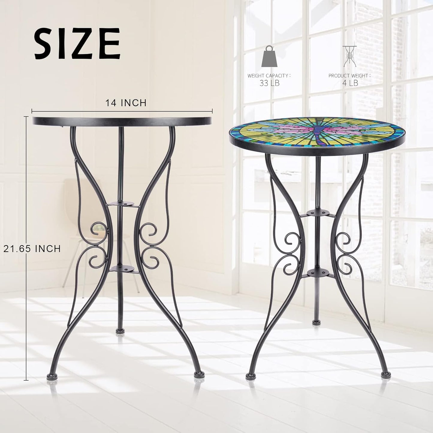 Patio Side Table Outdoor Accent Table Bistro Coffee Table Plant End Table Small Porch Table Indoor round Glass Balcony Plant Table Stands Dragonfly