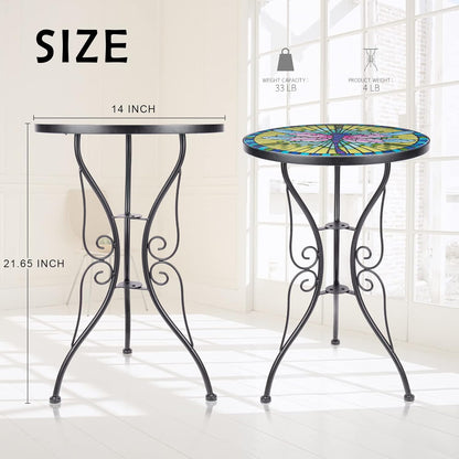 Patio Side Table Outdoor Accent Table Bistro Coffee Table Plant End Table Small Porch Table Indoor round Glass Balcony Plant Table Stands Dragonfly